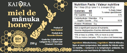 VALEUR NUTRITIVE DES POTS DE MIEL DE MIEL DE MANUKA DE MARQUE KAI ORA AVEC UN INDICE MGO 80+