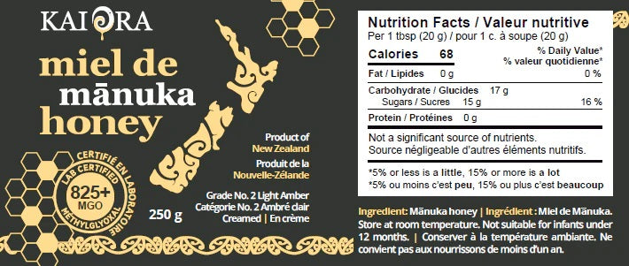 VALEUR NUTRITIONNELLE DU POT DE MIEL DE MANUKA DE 250 G DE MARQUE KAI ORA AVEC UN INDICE MGO DE 825+