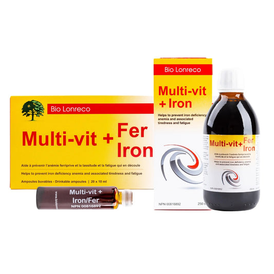 MULTI-VIT + FER EN FORMAT AMPOULES OU BOUTEILLE DE MARQUE BIO LONRECO ET LEUR EMBALLAGE