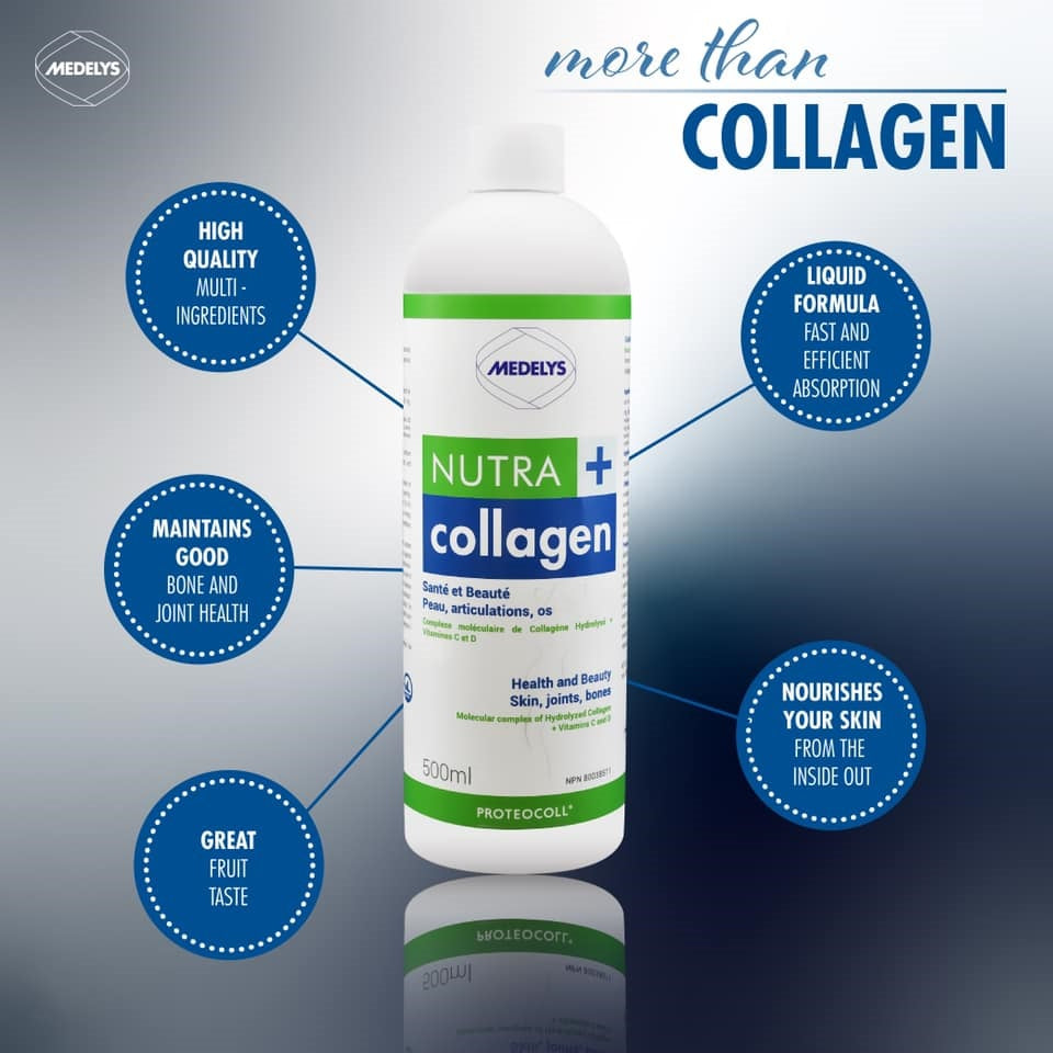 BOUTEILLE DE NUTRA COLLAGEN PLUS DE MARQUE MEDELYS AVEC SES PROPRIÉTÉS EN ANGLAIS