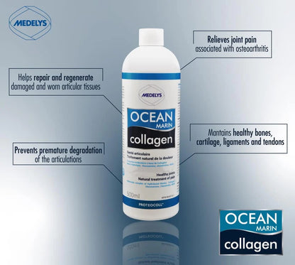 BOUTEILLE DE D'OCEAN MARIN COLLAGEN DE MARQUE MEDELYS AVEC SES PROPRIÉTÉS EN ANGLAIS