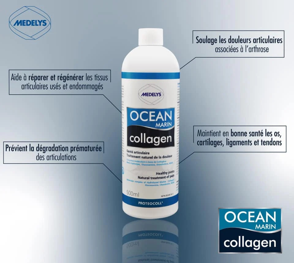 BOUTEILLE DE D'OCEAN MARIN COLLAGEN DE MARQUE MEDELYS AVEC SES PROPRIÉTÉS EN FRANÇAIS