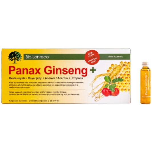 PANAX GINSENG PLUS EN FORMAT AMPOULES BUVABLES DE MARQUE BIO LONRECO ET SON EMBALLAGE