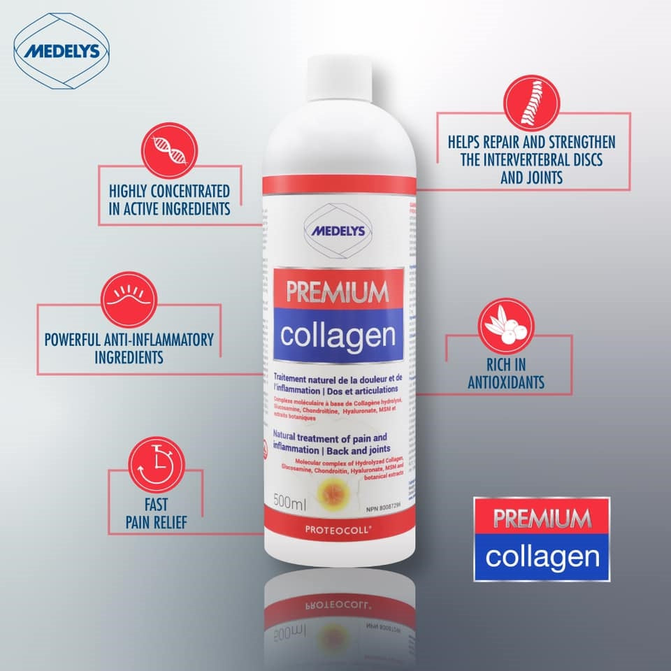 BOUTEILLE DE PRENIUM COLLAGEN DE MARQUE MEDELYS ET SES PROPRIÉTÉS EN ANGLAIS