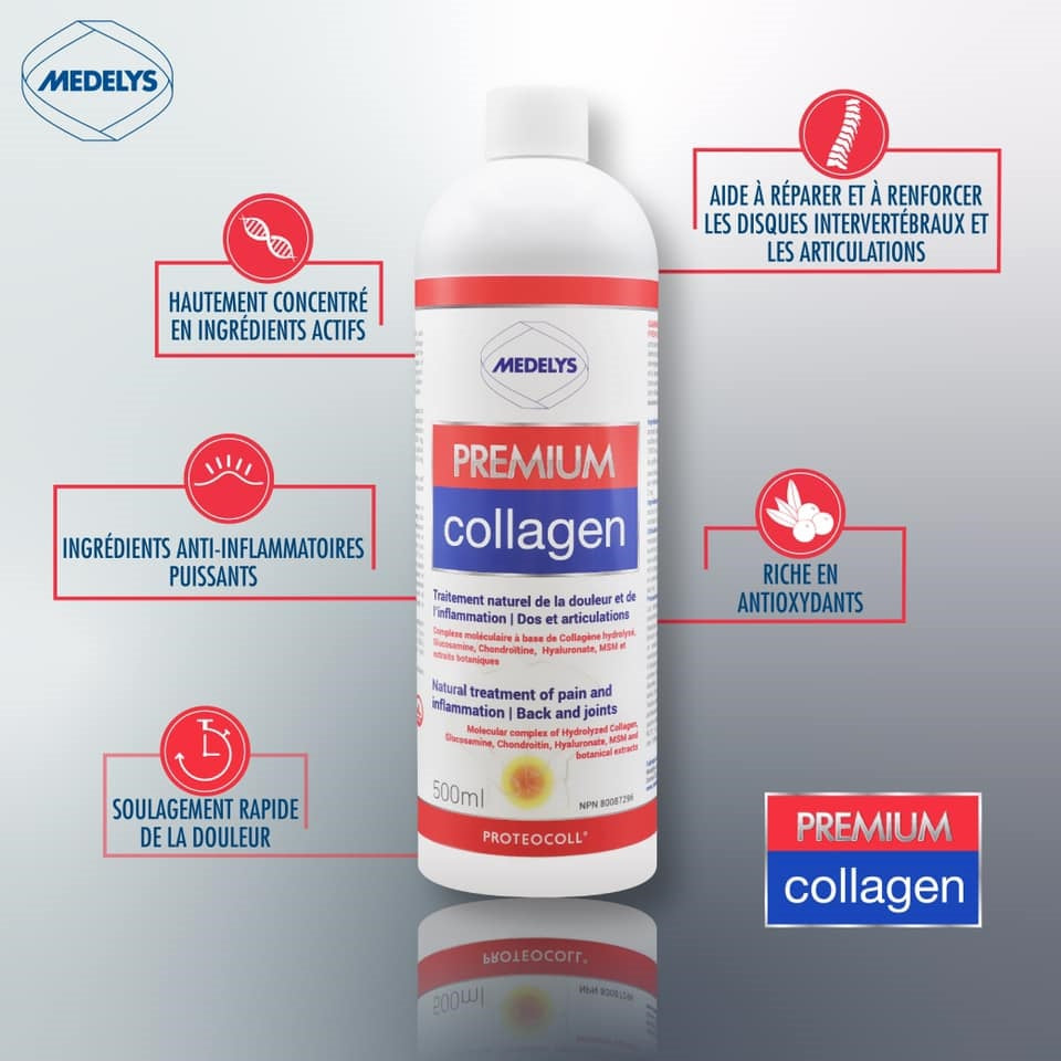 BOUTEILLE DE PRENIUM COLLAGEN DE MARQUE MEDELYS ET SES PROPRIÉTÉS EN FRANÇAIS