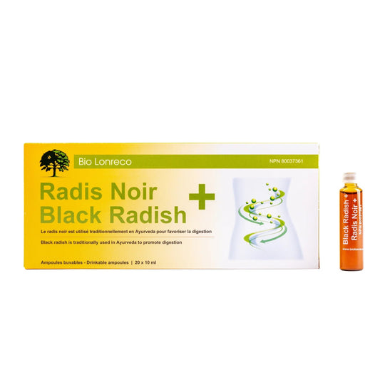AMPOULES DE RADIS NOIR + DE MARQUE BIO LONRECO AVEC SON EMBALLAGE