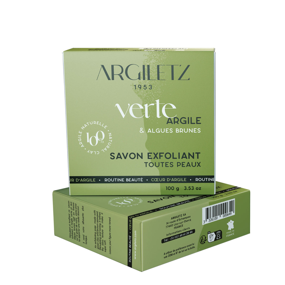 SAVON EXFOLIANT À L'ARGILE VERTE ET AUX ALGUES BRUNES DE LA MARQUE ARGILETZ