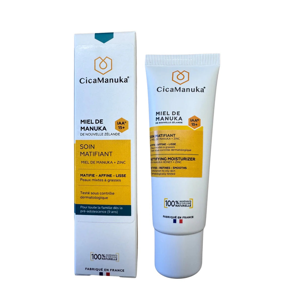 TUBE DU SOIN MATIFIANT DE MARQUE CICAMANUKA AVEC SON EMBALLAGE