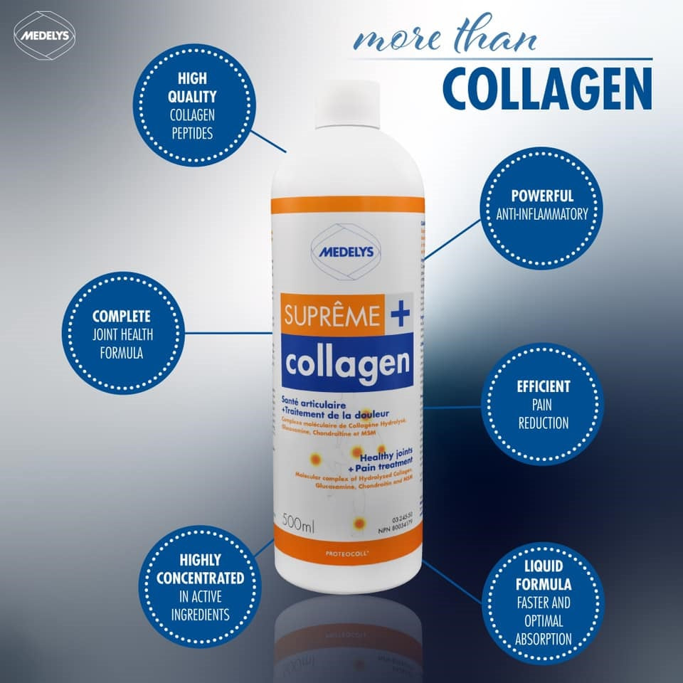 BOUTEILLE DE SUPRÊME  COLLAGEN PLUS DE MARQUE MEDELYS ET SES PROPRIÉTÉS EN ANGLAIS