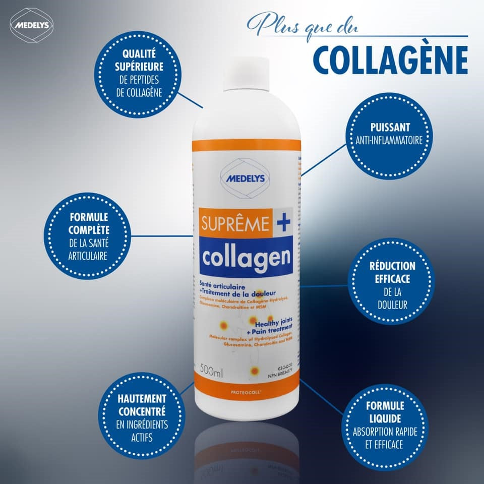BOUTEILLE DE SUPRÊME  COLLAGEN PLUS DE MARQUE MEDELYS ET SES PROPRIÉTÉS EN FRANÇAIS