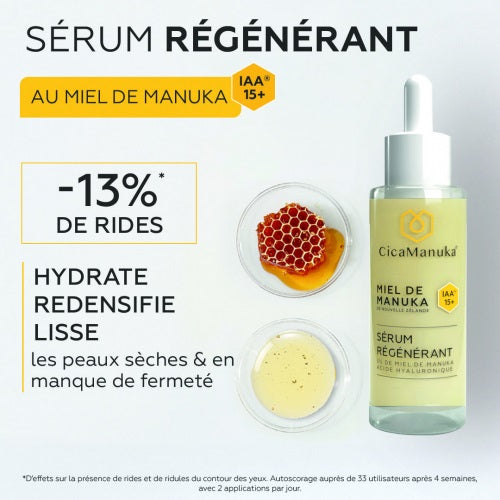 BOUTEILLE DE SÉRUM RÉGÉNÉRANT 5% DE MIEL DE MANUKA DE MARQUE CICAMANUKA ET SES PROPRIÉTÉS