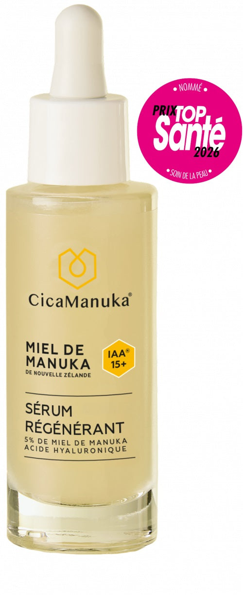 BOUTEILLE DE SÉRUM RÉGÉNÉRANT 5% DE MIEL DE MANUKA DE MARQUE CICAMANUKA AVEC SON ÉTIQUETTE DU PRIX TOP SANTÉ 2026