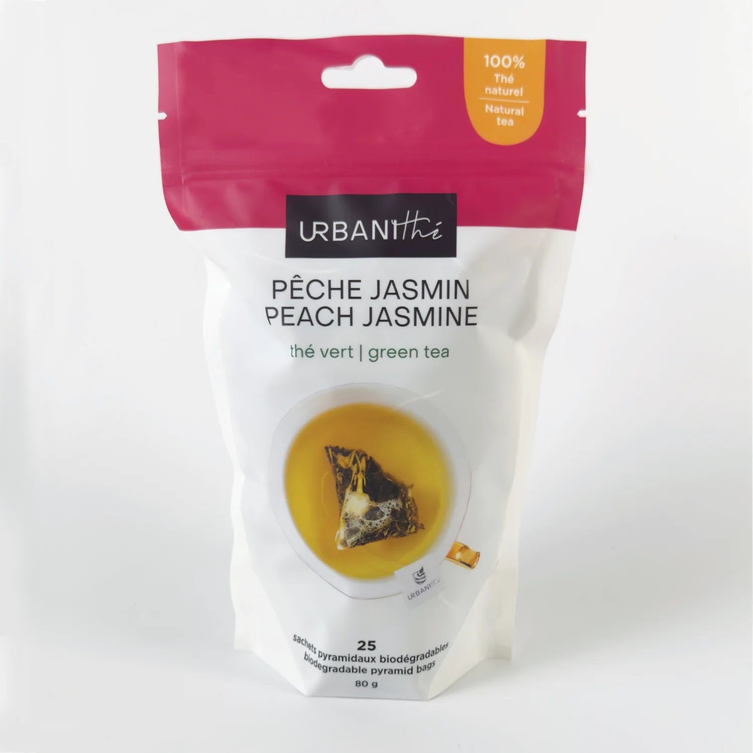 EMBALLAGE DE 25 SACHETS DE THÉ VERT SAVEUR PÊCHE JASMIN DE MARQUE URBANITHÉ