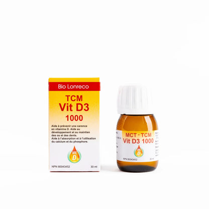BOUTEILLE DE TCM VIT D3 1000 IU DE MARQUE BIO LONRECO AVEC SON EMBALLAGE