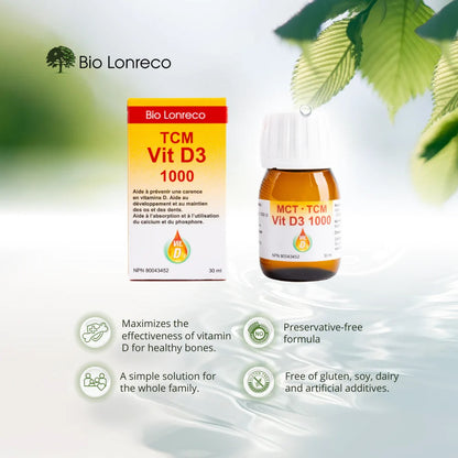 BOUTEILLE DE TCM VIT D3 1000 IU DE MARQUE BIO LONRECO AVEC SES PROPRIÉTÉS EN ANGLAIS