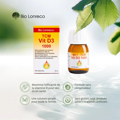 BOUTEILLE DE TCM VIT D3 1000 IU DE MARQUE BIO LONRECO AVEC SES PROPRIÉTÉS EN FRANÇAIS