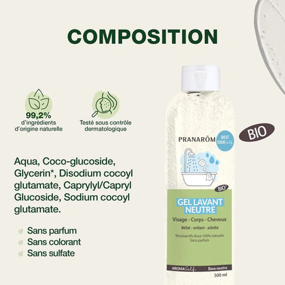 BOUTEILLE DE GEL LAVANT NEUTRE AROMASELF BASE NEUTRE  DE MARQUE PRANAROM ET SA COMPOSITION