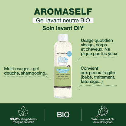 BOUTEILLE DE GEL LAVANT NEUTRE AROMASELF BASE NEUTRE  DE MARQUE PRANAROM ET SES PROPRIÉTÉS