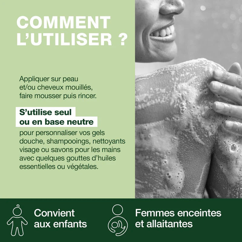 BOUTEILLE DE GEL LAVANT NEUTRE AROMASELF BASE NEUTRE  DE MARQUE PRANAROM ET SON UTILISATION