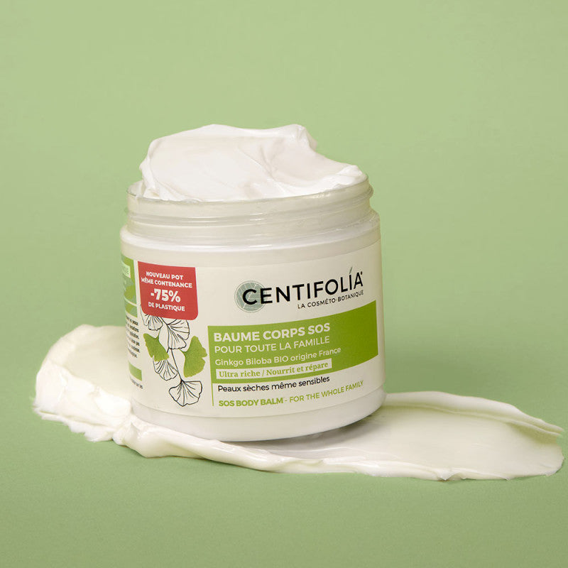 POT OUVERT DE BAUME CORPS SOS POUR TOUTE LA FAMILLE FAIT À PARTIR DE GINKGO BILOBA DE LA COLLECTION HYDRATATION DE MARQUE CENTIFOLIA SUR DE LA CRÈME