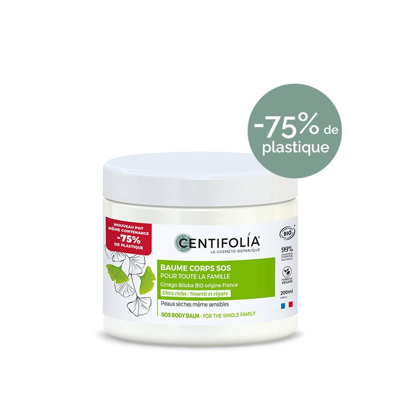 POT DE  BAUME CORPS SOS POUR TOUTE LA FAMILLE FAIT À PARTIR DE GINKGO BILOBA DE LA COLLECTION HYDRATATION DE MARQUE CENTIFOLIA