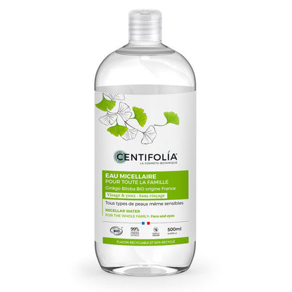BOUTEILLE D'EAU MICELLAIRE POUR TOUTE LA FAMILLE (VISAGE ET YEUX SANS RINÇAGE) FAIT À PARTIR DE GINKGO BILOBA DE LA COLLECTION HYDRATATION DE MARQUE CENTIFOLIA