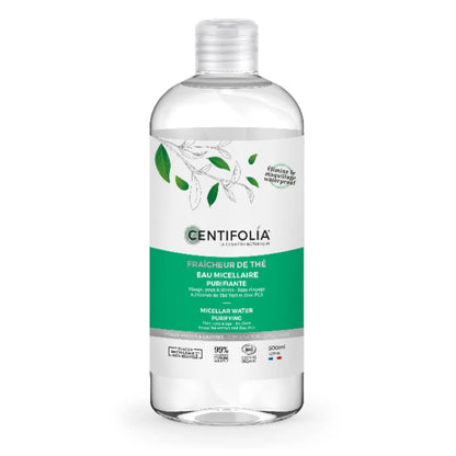 BOUTEILLE D'EAU MICELLAIRE PURIFIANTE (VISAGE, YEUX ET LÈVRES SANS RINÇAGE) FAIT À PARTIR D'HYDROLAT DE THÉ VERT BIOLOGIQUE DE LA COLLECTION FRAÎCHEUR DE THÉ DE MARQUE CENTIFOLIA