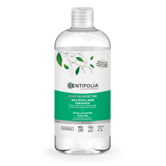 BOUTEILLE D'EAU MICELLAIRE PURIFIANTE (VISAGE, YEUX ET LÈVRES SANS RINÇAGE) FAIT À PARTIR D'HYDROLAT DE THÉ VERT BIOLOGIQUE DE LA COLLECTION FRAÎCHEUR DE THÉ DE MARQUE CENTIFOLIA