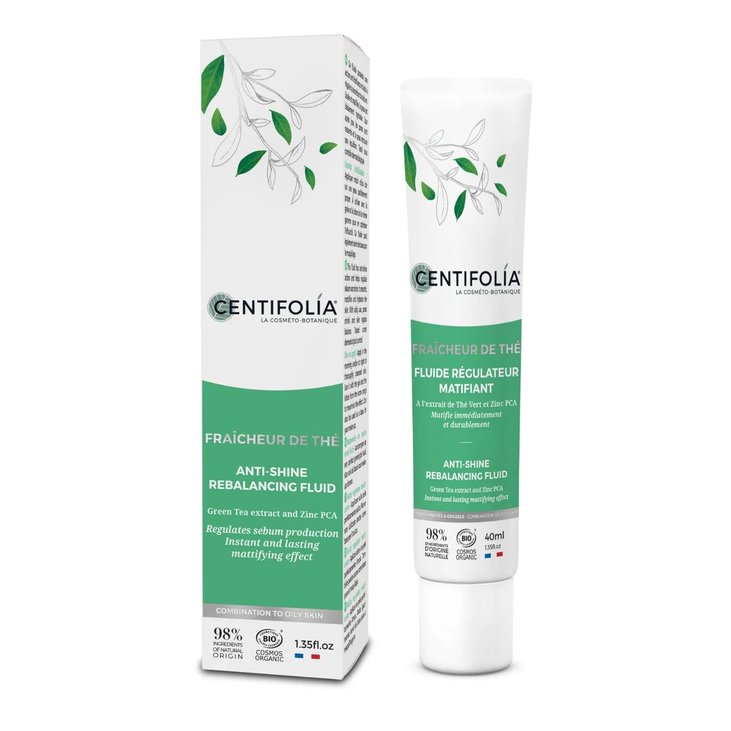 TUBE DE FLUIDE RÉGULATEUR MATIFIANT FAIT À PARTIR D'HYDROLAT DE THÉ VERT BIOLOGIQUE DE LA COLLECTION FRAÎCHEUR DE THÉ DE MARQUE CENTIFOLIA ET SON EMBALLAGE