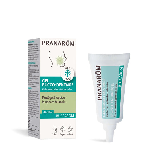 TUBE DU GEL BUCCO-DENTAIRE BUCCAROM DE MARQUE PRANAROM ET SON EMBALLAGE