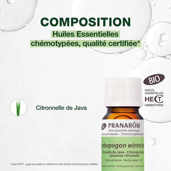 BOUTEILLE D'HUILE ESSENTIELLE DE CITRONNELLE DE JAVA DE MARQUE PRANAROM  AVEC SA COMPOSITION