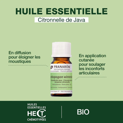 BOUTEILLE D'HUILE ESSENTIELLE DE CITRONNELLE DE JAVA DE MARQUE PRANAROM  AVEC SES PROPRIÉTÉS