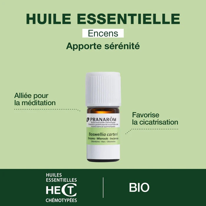 BOUTEILLE D'HUILE ESSENTIELLES D'ENCENS DE MARQUE PRANAROM AVEC SES PROPRIÉTÉS
