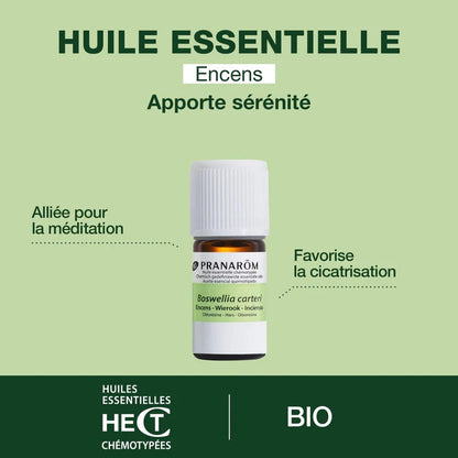 BOUTEILLE D'HUILE ESSENTIELLES D'ENCENS DE MARQUE PRANAROM AVEC SES PROPRIÉTÉS