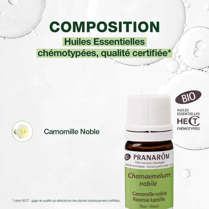 BOUTEILLE D'HUILE ESSENTIELLE DE CAMOMILLE NOBLE DE MARQUE PRANAROM AVEC SA COMPOSITION