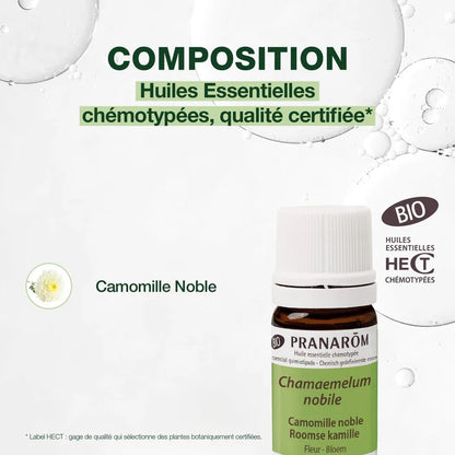 BOUTEILLE D'HUILE ESSENTIELLE DE CAMOMILLE NOBLE DE MARQUE PRANAROM AVEC SA COMPOSITION
