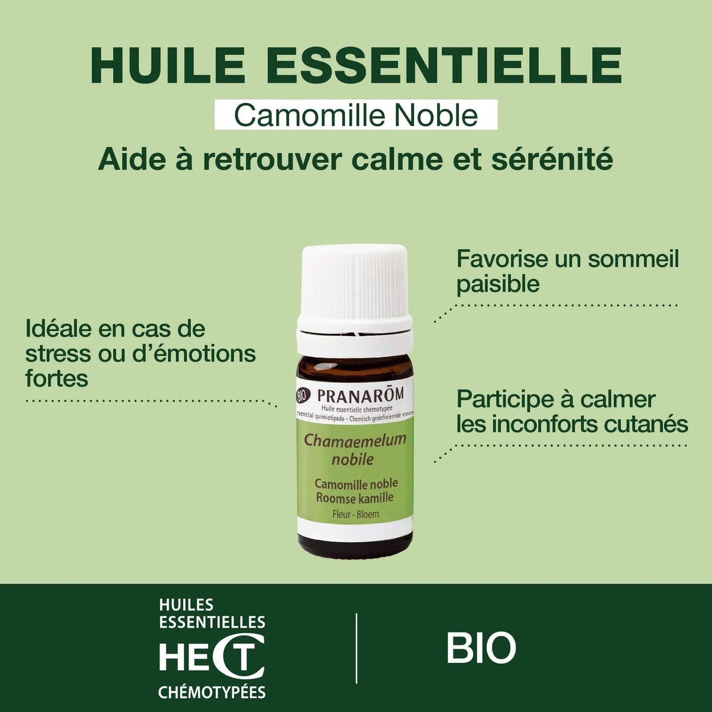 BOUTEILLE D'HUILE ESSENTIELLE DE CAMOMILLE NOBLE DE MARQUE PRANAROM AVEC SES PROPRIÉTÉS