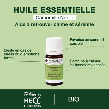 BOUTEILLE D'HUILE ESSENTIELLE DE CAMOMILLE NOBLE DE MARQUE PRANAROM AVEC SES PROPRIÉTÉS