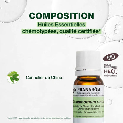 BOUTEILLE D'HUILE ESSENTIELLE DE CANNELIER DE CHINE DE LA MARQUE PRANAROM AVEC SA COMPOSITION
