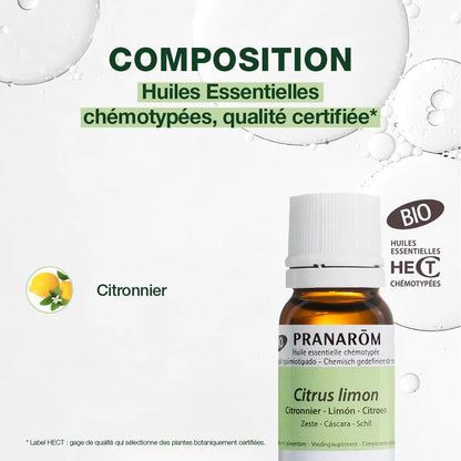 BOUTEILLE D'HUILE ESSENTIELLE DE CITRON (CITRONNIER) DE MARQUE PRANAROM AVEC SA COMPOSITION
