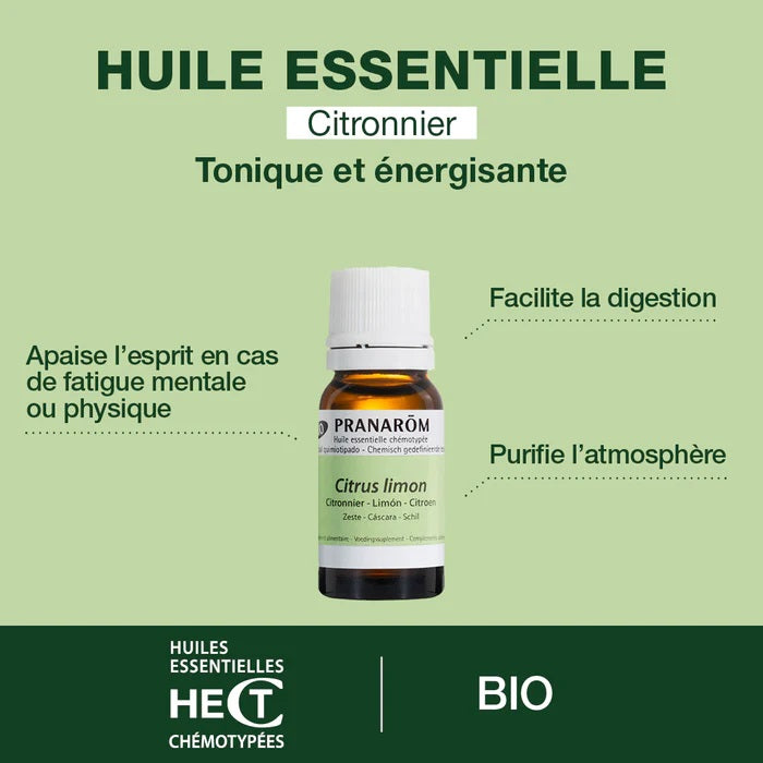 BOUTEILLE D'HUILE ESSENTIELLE DE CITRON (CITRONNIER) DE MARQUE PRANAROM AVEC SES PROPRIÉTÉS