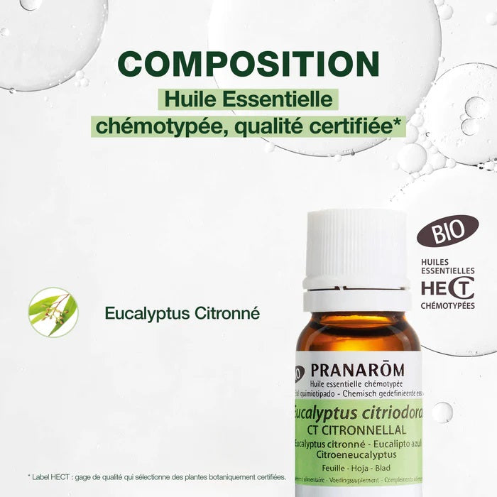 BOUTEILLE D'HUILE ESSENTIELLE D'EUCALYPTUS CITRONNÉ DE MARQUE PRANAROM AVEC SA COMPOSITION