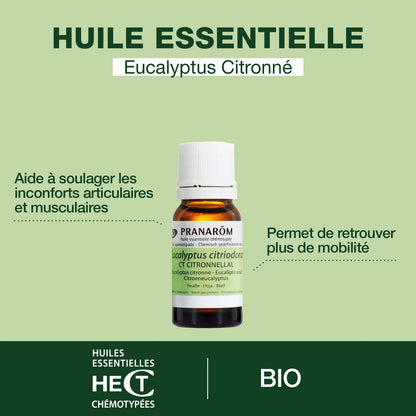 BOUTEILLE D'HUILE ESSENTIELLE D'EUCALYPTUS CITRONNÉ DE MARQUE PRANAROM AVEC SES PROPRIÉTÉS