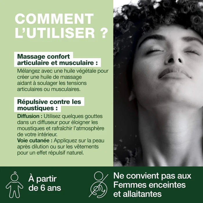 BOUTEILLE D'HUILE ESSENTIELLE D'EUCALYPTUS CITRONNÉ DE MARQUE PRANAROM AVEC SON UTILISATION