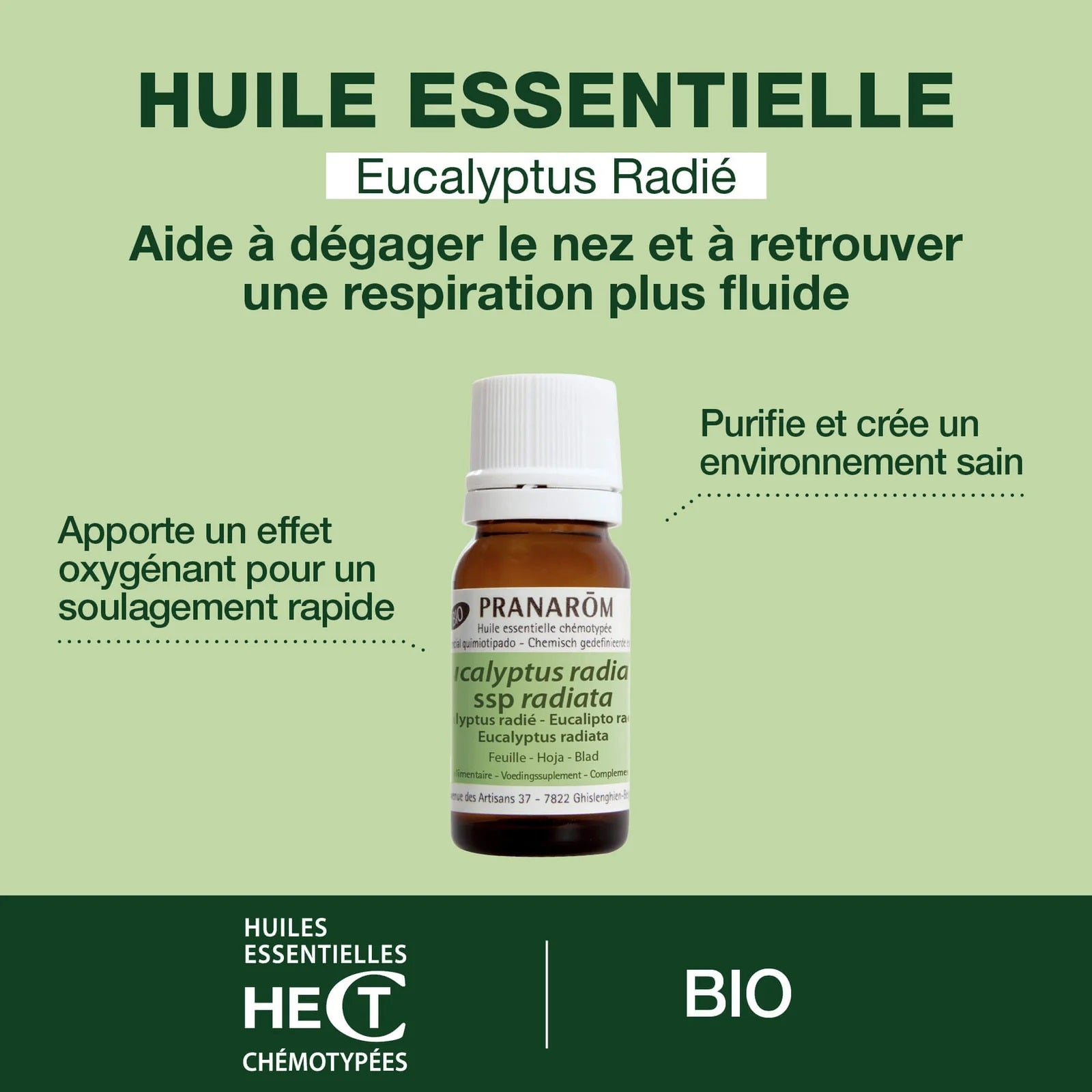 BOUTEILLE D'HUILE ESSENTIELLE D'EUCALYPTUS RADIÉ DE MARQUE PRANAROM AVEC SES PROPRIÉTÉS