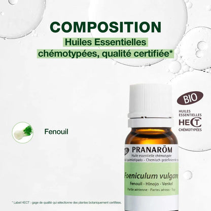 BOUTEILLE D'HUILE ESSENTIELLE DE FENOUIL DE MARQUE PRANAROM AVEC SA COMPOSITION