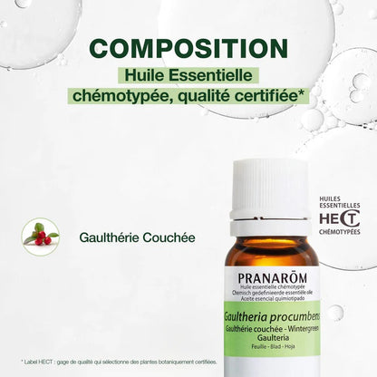BOUTEILLE D'HUILE ESSENTIELLE DE GAULTHÉRIE COUCHÉE ALIAS THÉ DES BOIS DE LA MARQUE PRANAROM AVEC SA COMPOSITION