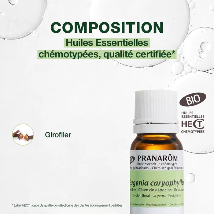 BOUTEILLE D'HUILE ESSENTIELLE DE GIROFLIER (CLOU DE GIROFLE) DE MARQUE PRANAROM AVEC SA COMPOSITION
