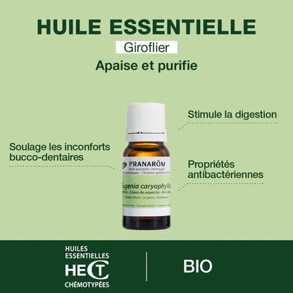 BOUTEILLE D'HUILE ESSENTIELLE DE GIROFLIER (CLOU DE GIROFLE) DE MARQUE PRANAROM AVEC SES PROPRIÉTÉS