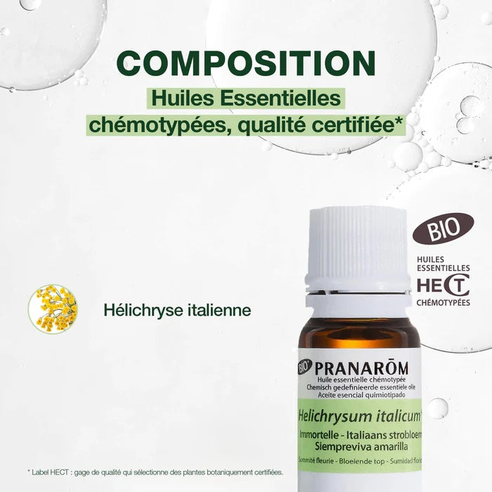 BOUTEILLE D'HUILE ESSENTIELLE D'IMMORTELLE ALIAS HÉLICHRYSE DE MARQUE PRANAROM AVEC SA COMPOSITION